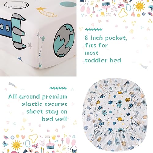 Miniatura 3 de JSD Astronaut - Juego de ropa de cama de 4 piezas para niños pequeños, juego de edredón de microfibra estampada para niños, incluye sábana encimera,