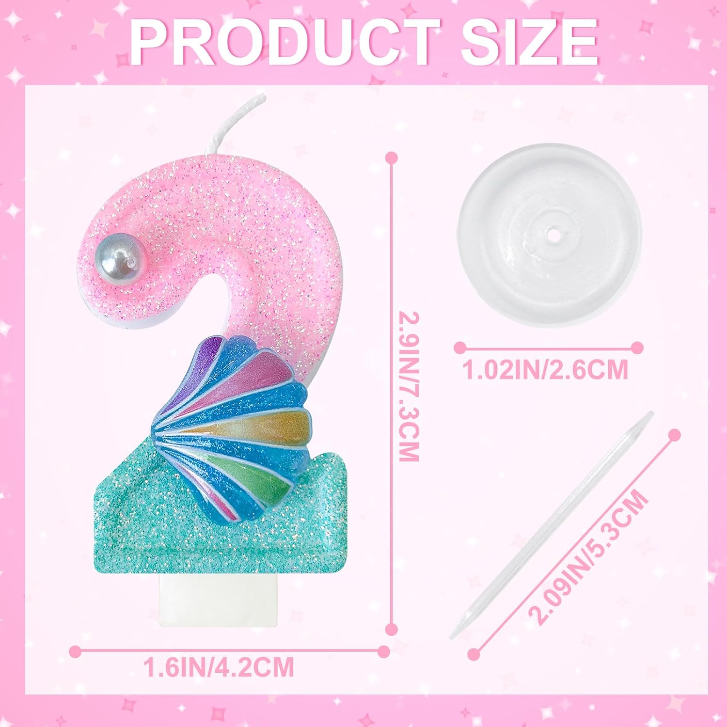 Pink and Green Birthday Candles, Conch Number Candles, 2th Candles, Decorated with Pearls and Conches, Suitable for Mermaid Theme Party Supplies (2) image 2