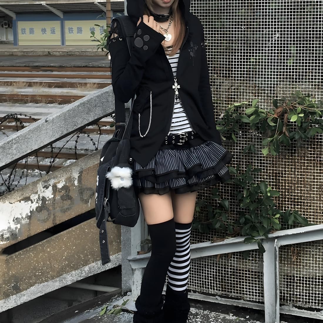 Gothic Grunge Kawaii Lolita Casual Elastic Waist Vintage Mesh Lace Rivet Trim Striped Layered Pleated Short Skirt - Image 3