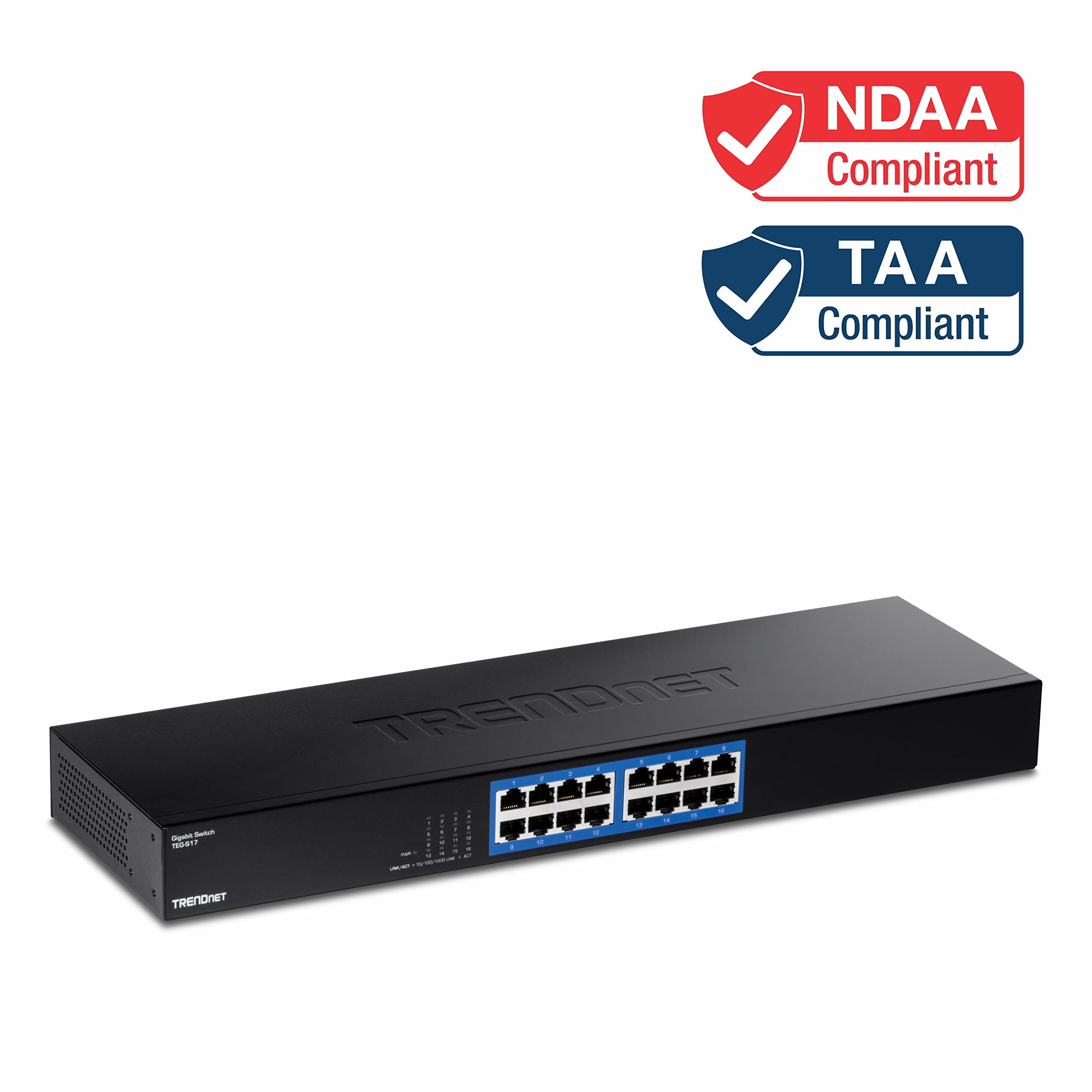 TRENDnet, TEG-S17, Commutateur Gigabit 16 Ports, 16 Ports Gigabit RJ-45, capacité de Commutation 32 Gbit/s, Conception sans Ventilateur, boîtier métallique, Alimentation Interne, Noir
