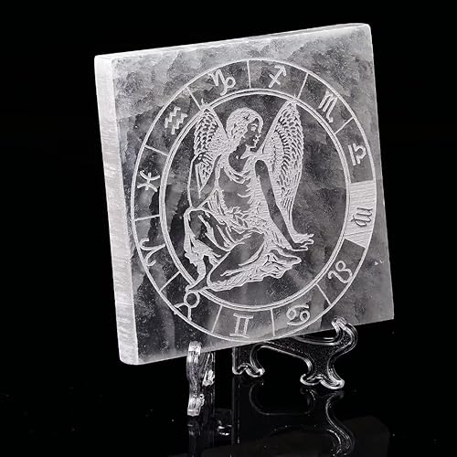 Miniatura 9 de AMOYSTONE Placa de carga de cristal de selenita para piedra de cristal curativo, piezas de selenita, losa cuadrada grabada Sagitario de 4 pulgadas