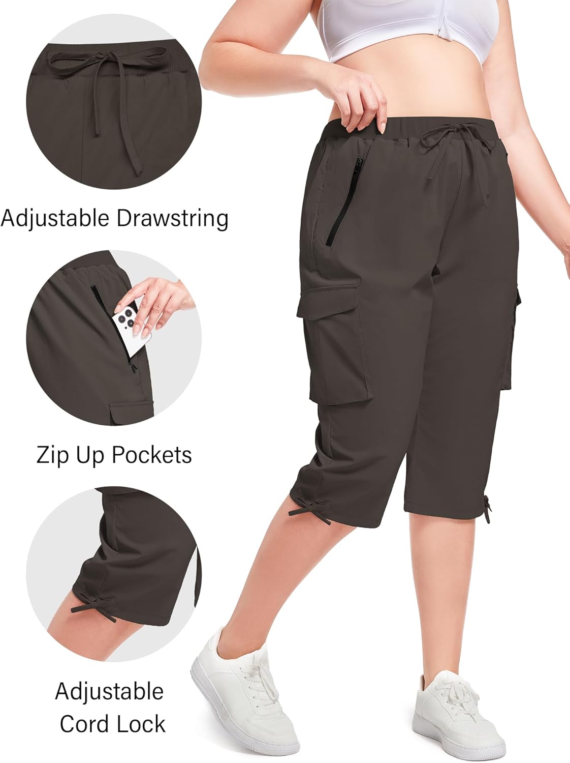 FOREYOND Plus Size Women's Cargo Capris Pants Lightweight Quick Dry Hiking Pants 1XL-6XL