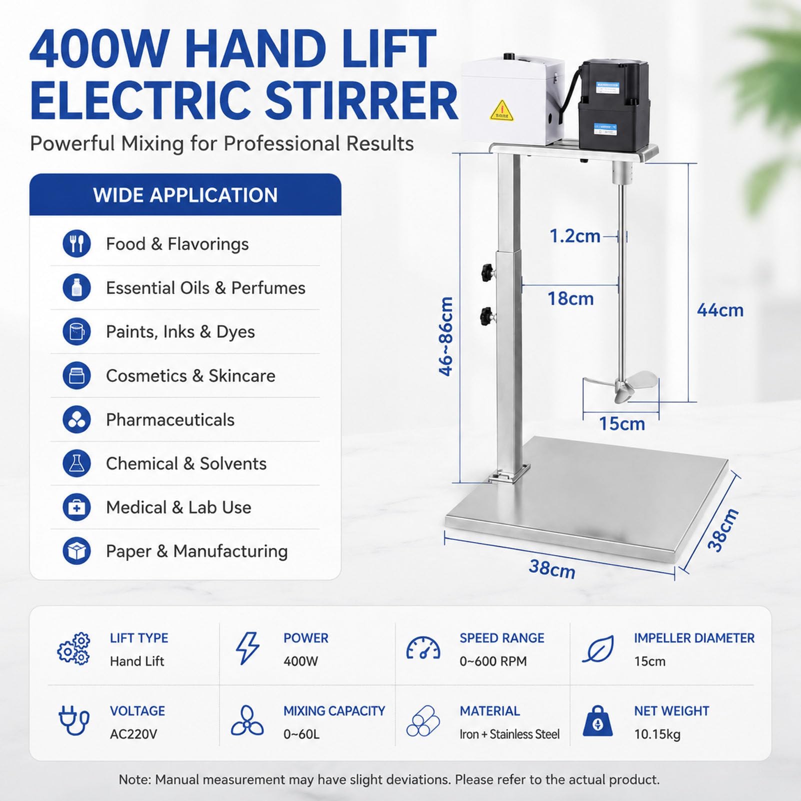 Mezclador eléctrico de Pintura con Velocidad Ajustable (0-600 RPM) 400W | Mezclador vertical con altura ajustable (46-86 cm) y varilla de acero inoxidable para líquidos viscosos