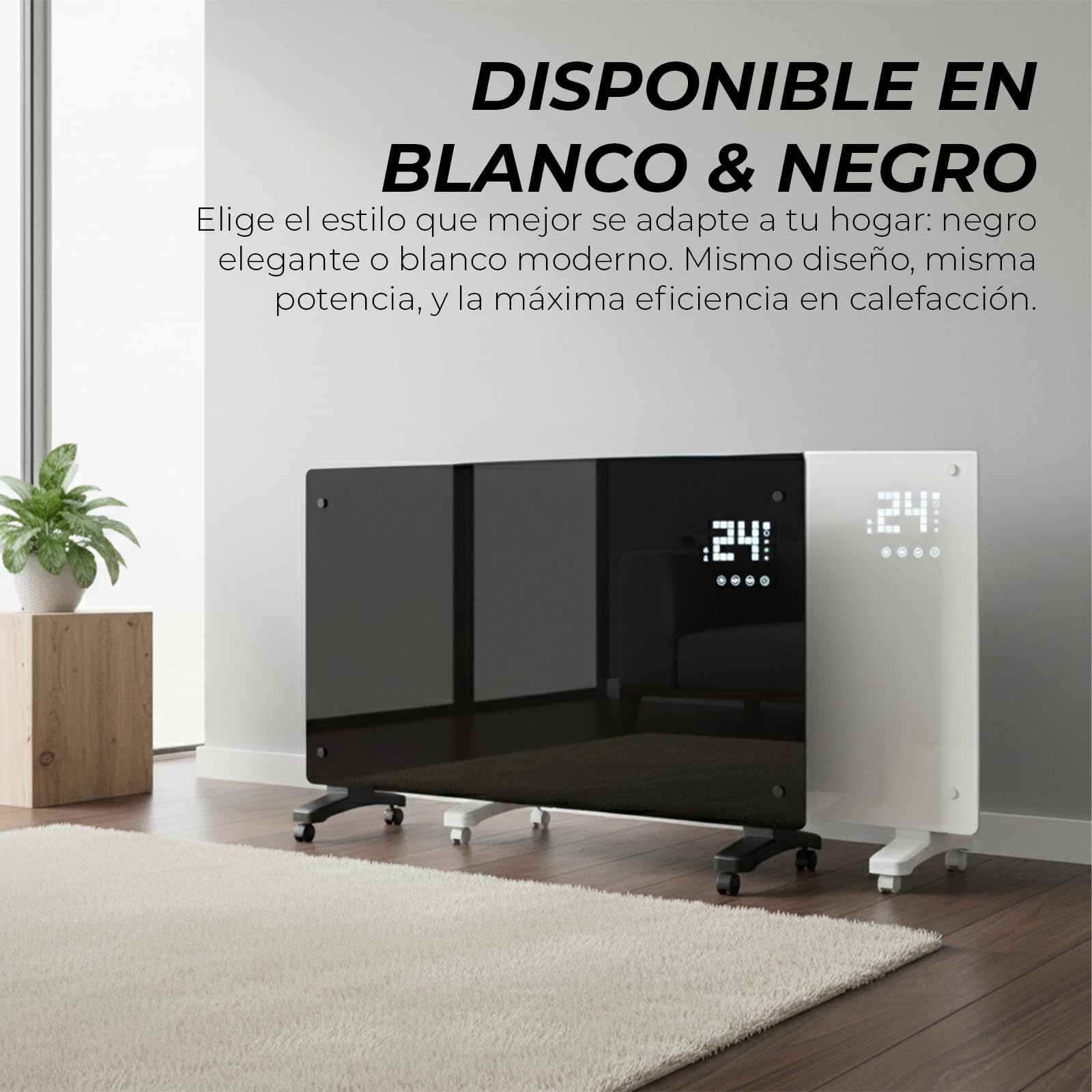 YOEVU Emisor Térmico de Cristal 2500W con Pantalla LCD Táctil, Control Remoto, Ruedas y Soporte de Pared, Calefacción Eficiente y Versátil para el Hogar, Negro
