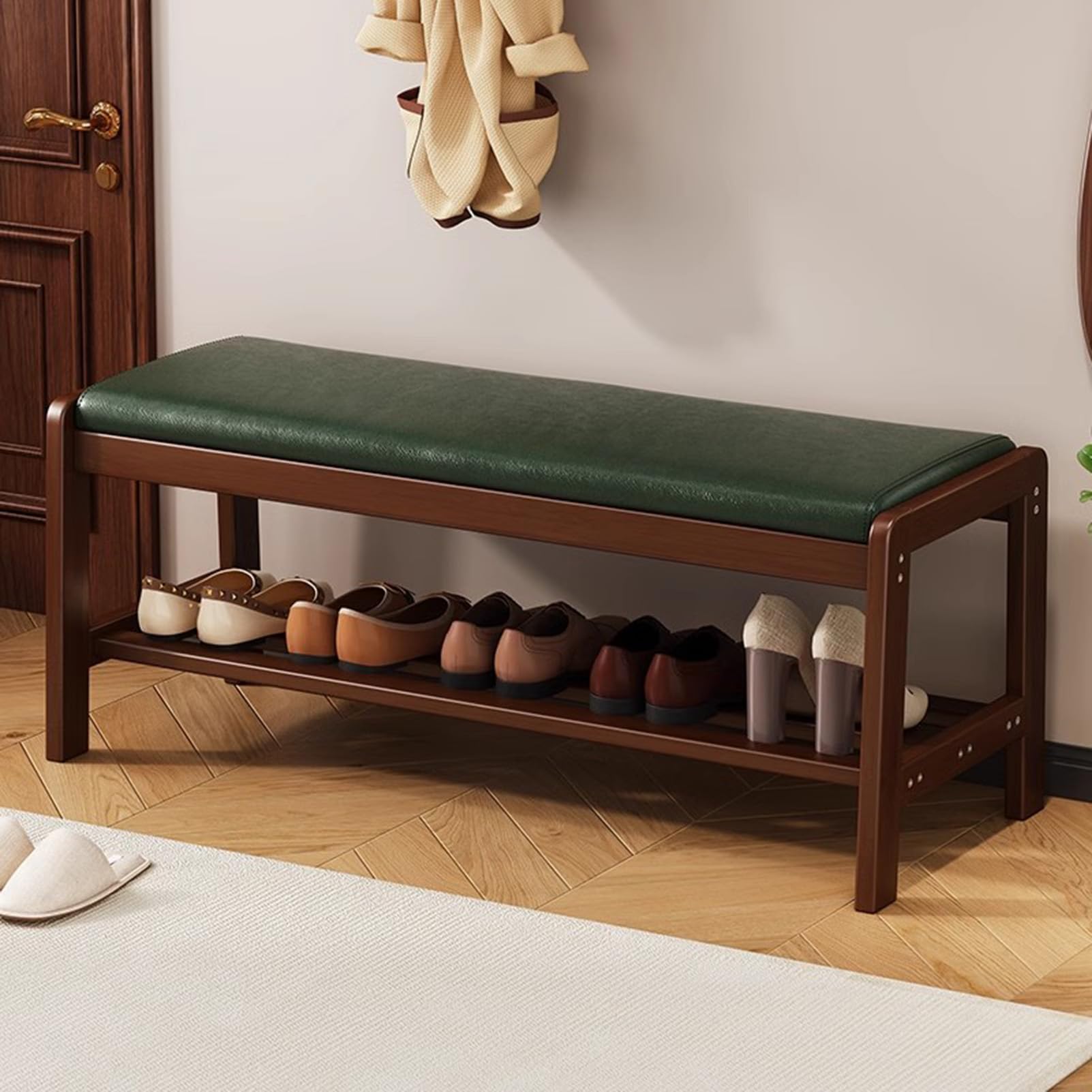 Banc à chaussures en bois massif d'ébénisterie et assise cuir