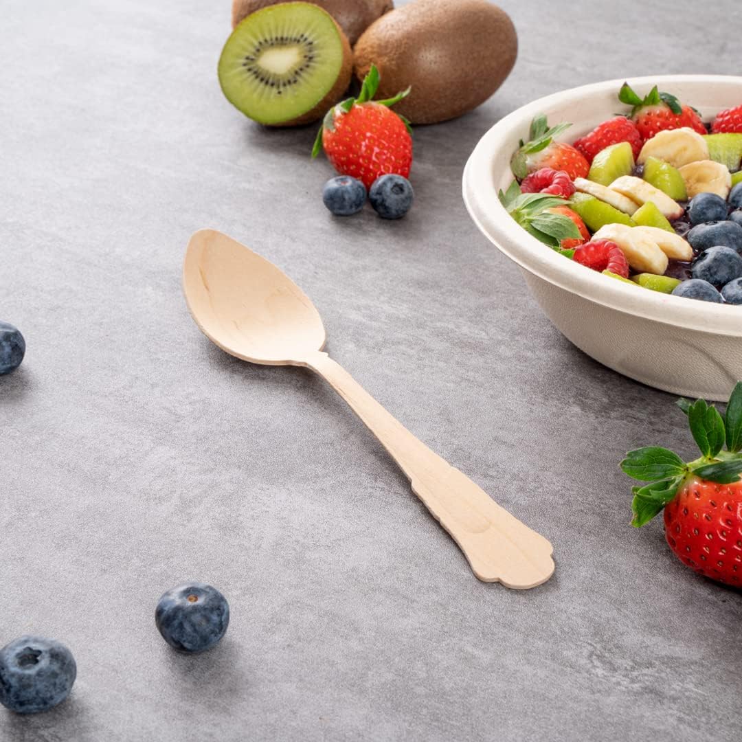 Restaurantware 7.9 Inch Disposable Wooden Spoons 500 Eco-Friendly Spoons - Baroque Style Durable Natural Wood DurableSpoons Splinter-Free Cutlery For Parties Or Catering