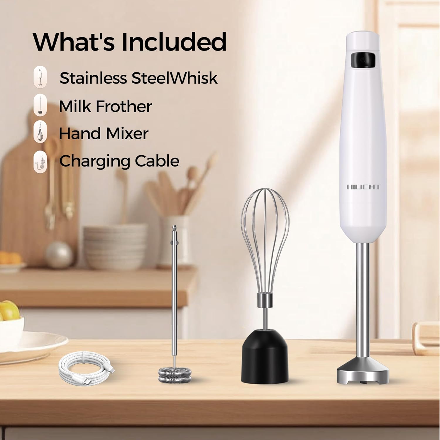 Cordless Hand Blender,12V Rechargeable Immersion Blender with 60+ Bowl Battery Life,4-Point Stainless Steel Blade,Variable Speed & Egg Whisk - for Soups,Smoothies, Baby Food
