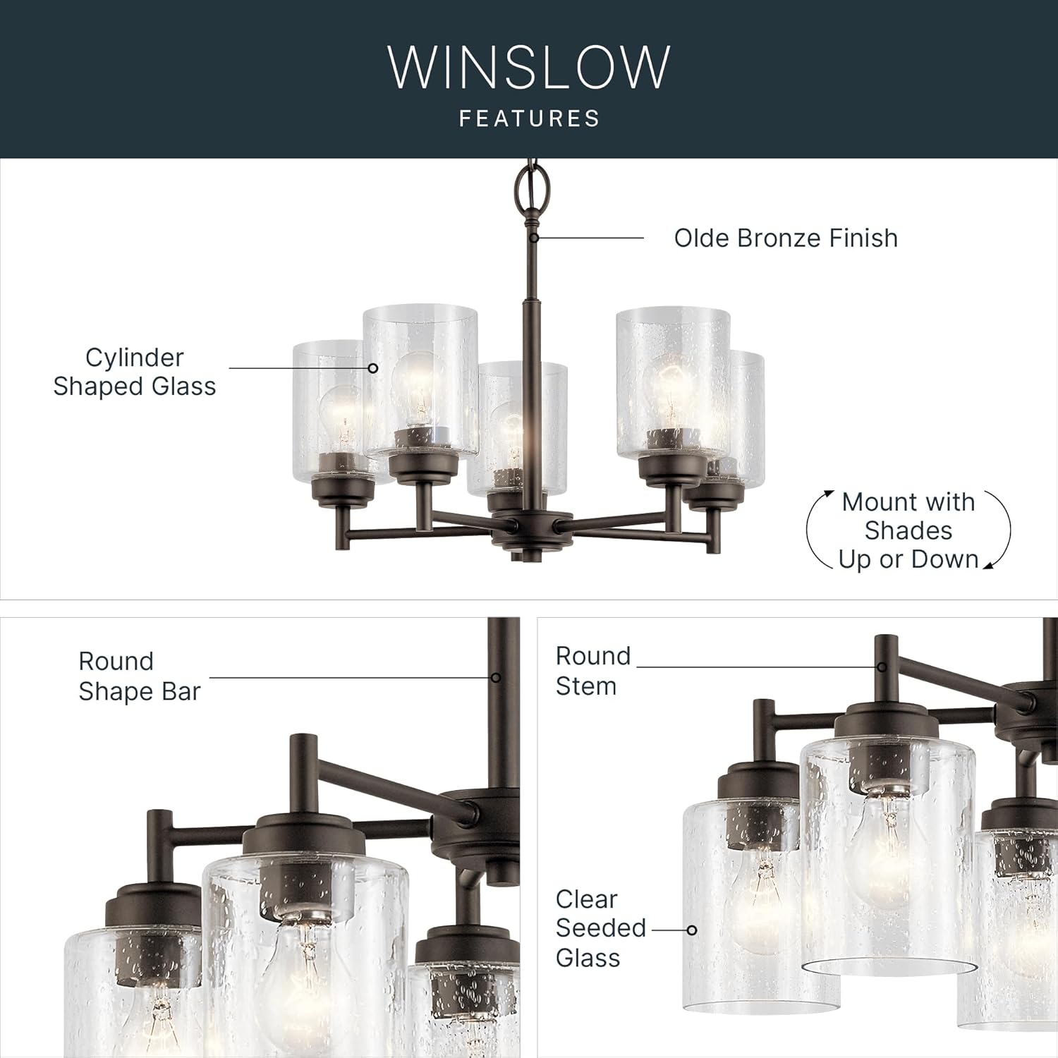 Kichler Winslow 19.75" Chandelier in Olde Bronze®, 5-Light Chandelier for Dining Room, Living Room, or Bedroom, Clear Seeded Glass, (19.75" W x 16" H), 44030OZ