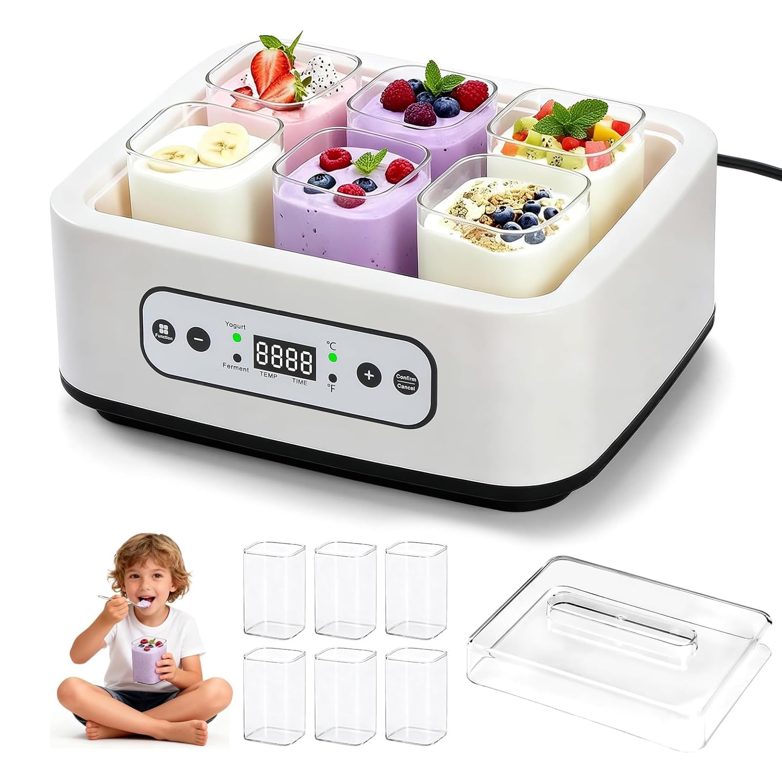 Yogurtera digital automática con 6 vasos, temperatura ajustable y temporizador para yogur, queso, natto, vino de arroz, 1,5 L