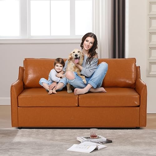 Miniatura 6 de Sofá de piel sintética, sofás de dos plazas modernos de mediados de siglo para sala de estar, cómodos juegos de sofá y sofá biplaza con cojines