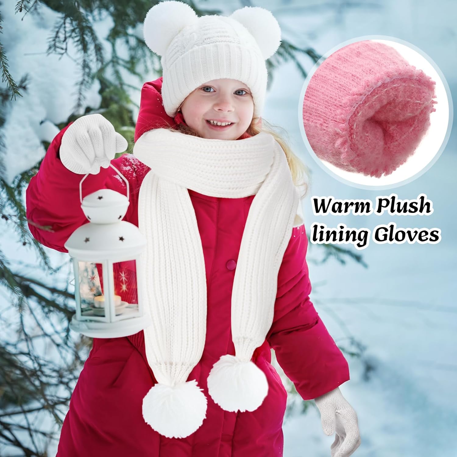 Newcotte 12 Pcs Kids Knitted Winter Hat Gloves Scarf Set Thick Warm Fleece Lined Pompom Beanie Scarf Gloves for Girls Boys