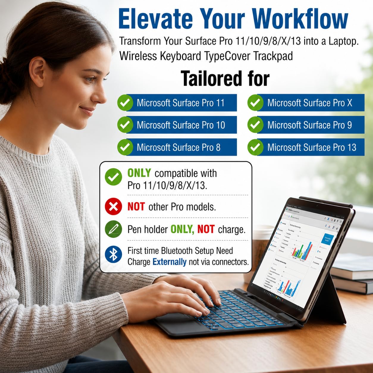 Tastiera Surface Pro 11/10/9/8/X/13 con trackpad - Cover wireless Bluetooth, tasti retroilluminati a 7 colori, design magnetico ultra sottile, ricaricabile tramite USB-C con portapenne