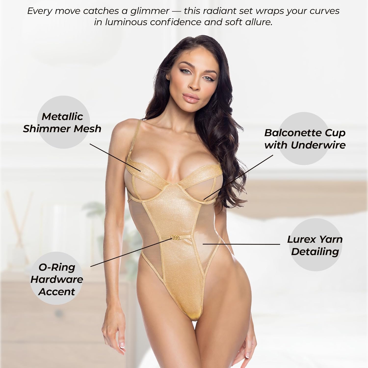 Sexy Lingerie For Women Roma Twinkle Tease Teddy Lingerie Metallic Shimmer Mesh Bodysuit with Underwire Balconette Cup