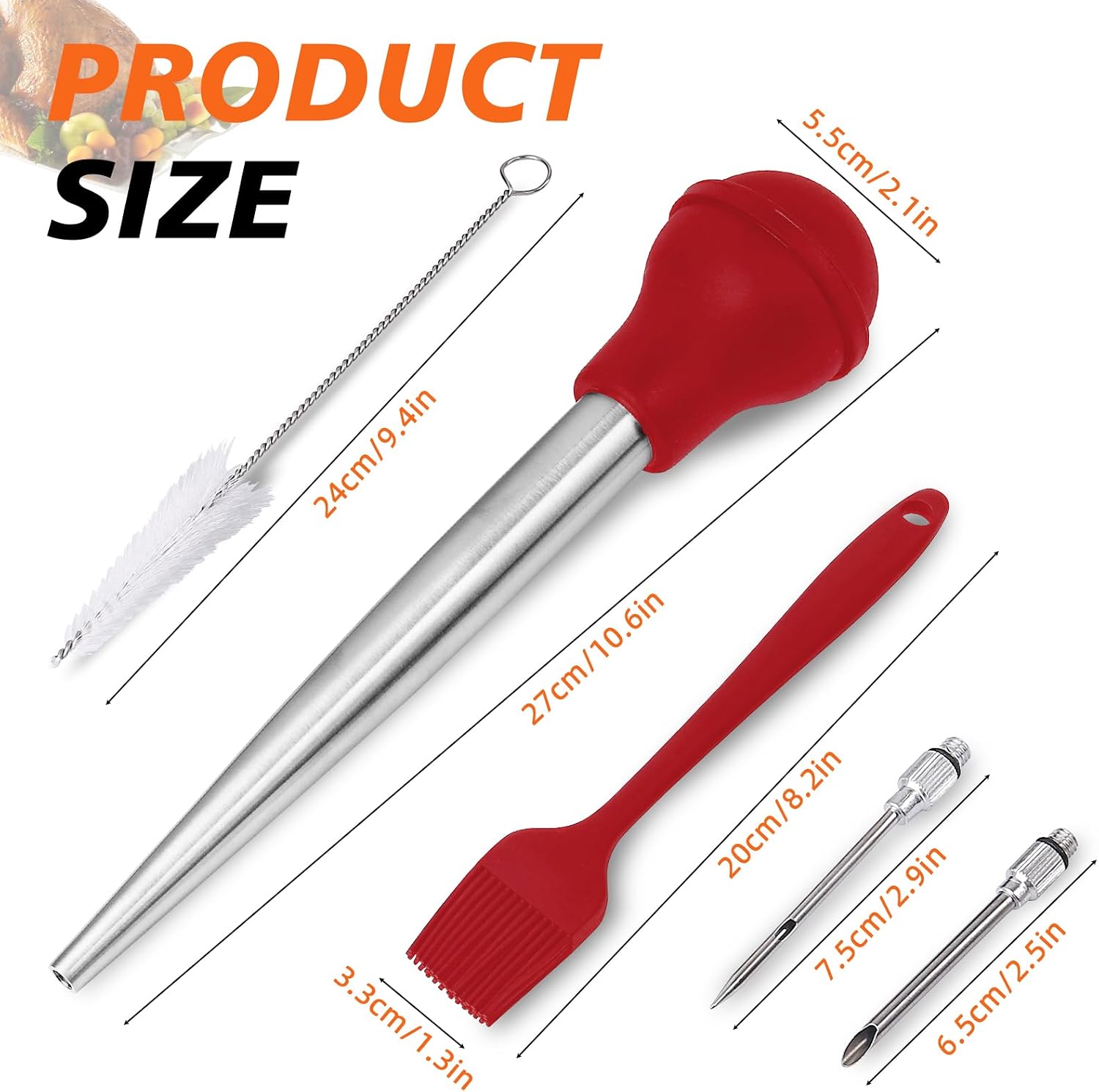 Turkey Baster Syringe for Cooking - Large Food-Grade Turkey Baster with Silicone Bulb, 2 Marinade Injector Needles, and Cleaning Brush - Turkey Baster for Juicy Roasts, BBQ, and Home Baking