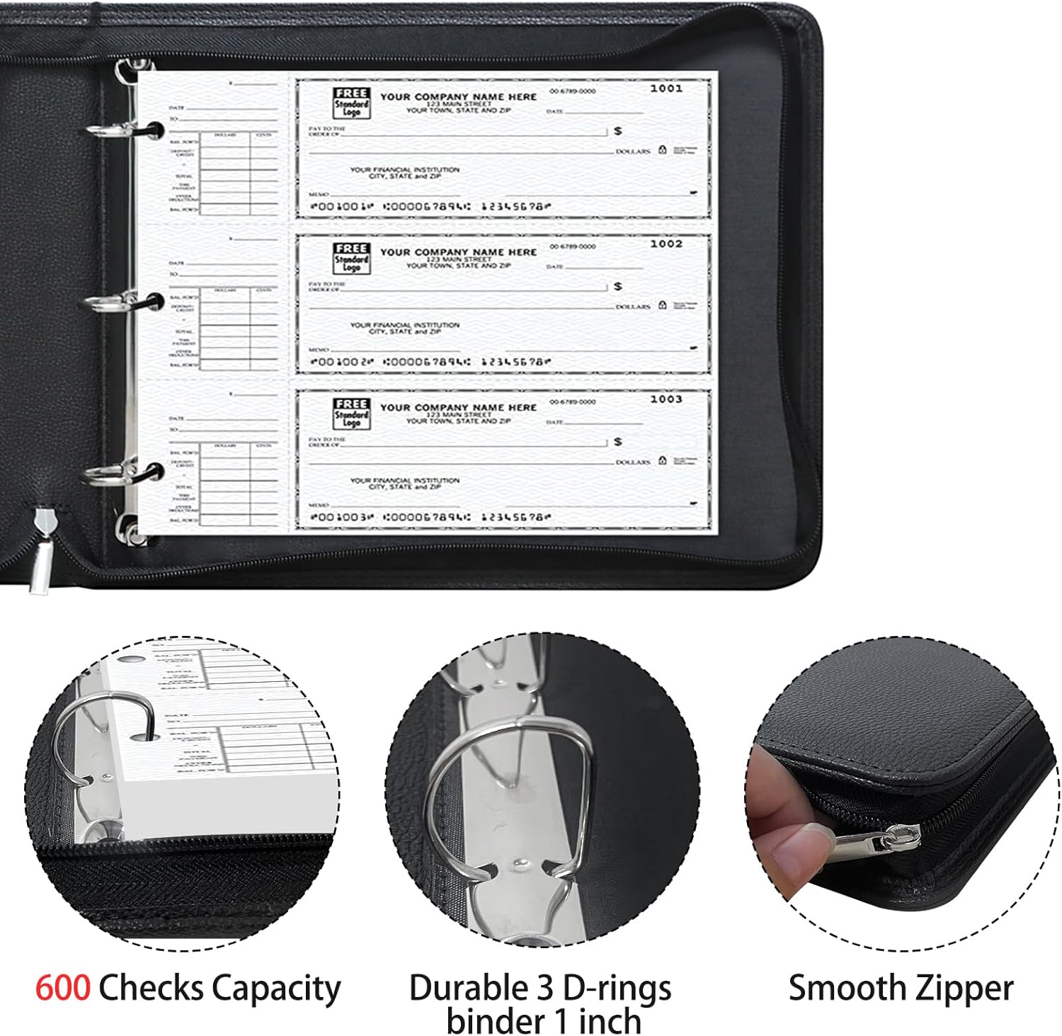 LLi Cufite 3 Rings Check Binder for End-Stub Deskbook Checks, Zipper Business Check Binder, 3 on a Page, Fit 3 & 9 Holes Check Faux Leather (9.5" x 12.6") (Black)
