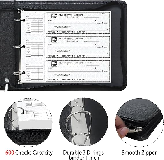 LLi Cufite 3 Rings Check Binder for End-Stub Deskbook Checks, Zipper Business Check Binder, 3 on a Page, Fit 3 & 9 Holes Check Faux Leather (9.5 x 12.6) (Black)