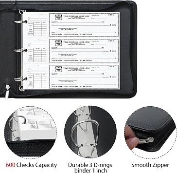 LLi Cufite 3 Rings Check Binder for End-Stub Deskbook Checks, Zipper Business Check Binder, 3 on a Page, Fit 3 & 9 Holes Check Faux Leather (9.5 x 12.6) (Black)