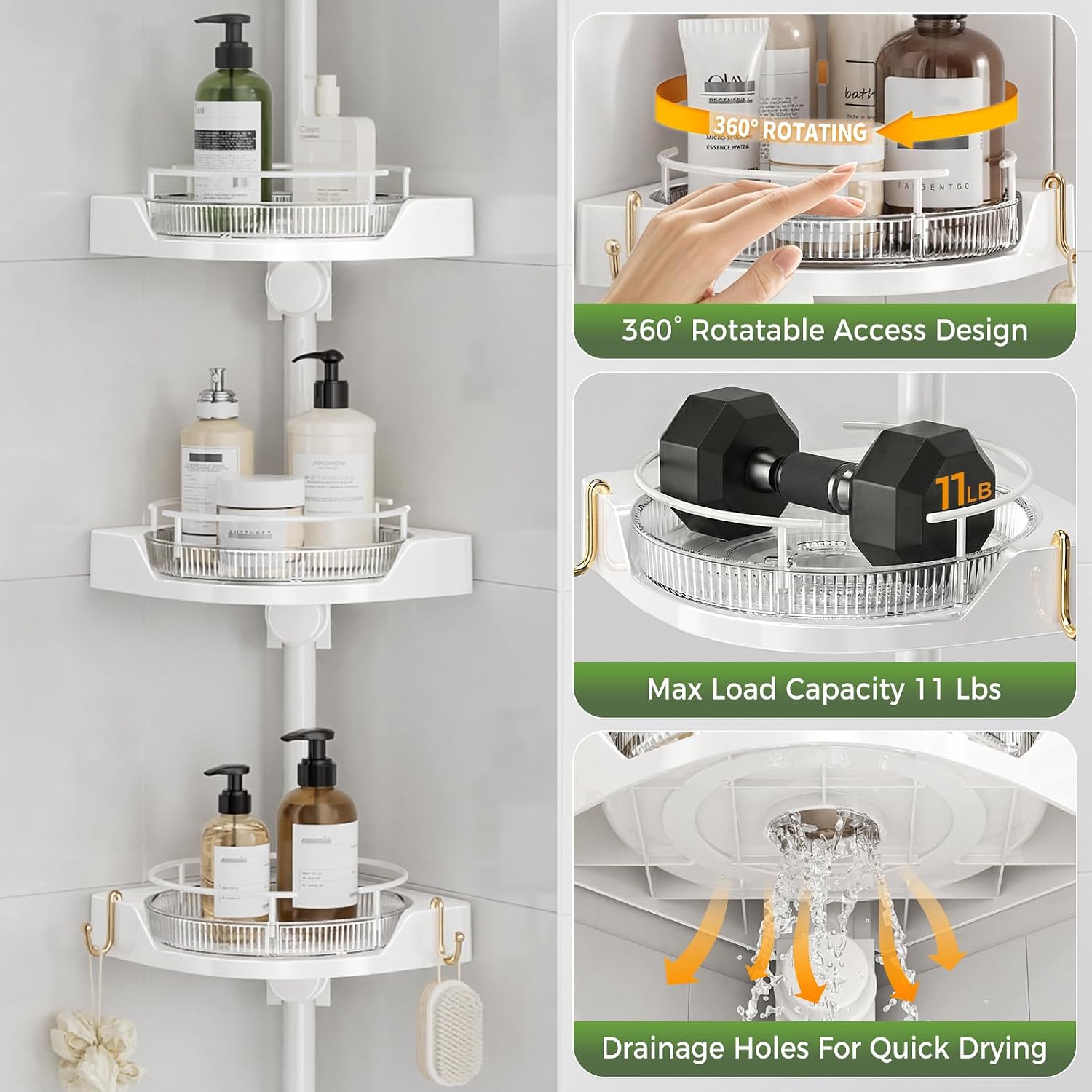 Coner Shower Caddy Tension Pole with 4 Lazy Susan Bathroom Corner Organizer 360° Rotating 35-128 Inch No Drilling Floor Standing Shelves Adjustable Shower Rack for Bathroom(White)