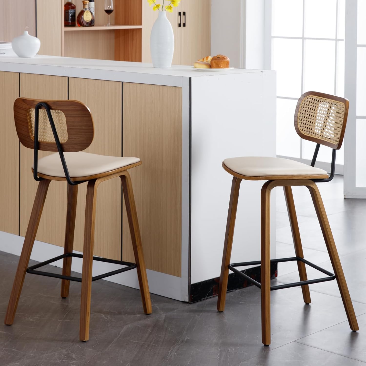 Ya-Home Mid-Century Bar Stools Set of 4, 26 Inch PU Leather Barstools with Open Rattan Backrest Wooden Legs Armless Bar Chairs for Kitchen Island Dining Room, Beige