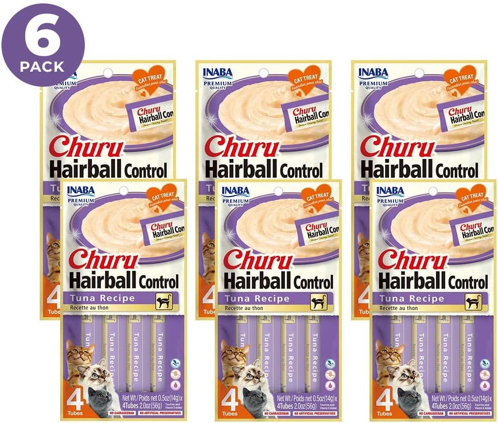 INABA Churu Hairball Control,Functional,Creamy Lickable Purée Cat Treat with Taurine & Vitamin E,0.5 Ounces Each,Tubes (4 per Package),Tuna Recipe - Packaging May Vary*,(Pack of 48)