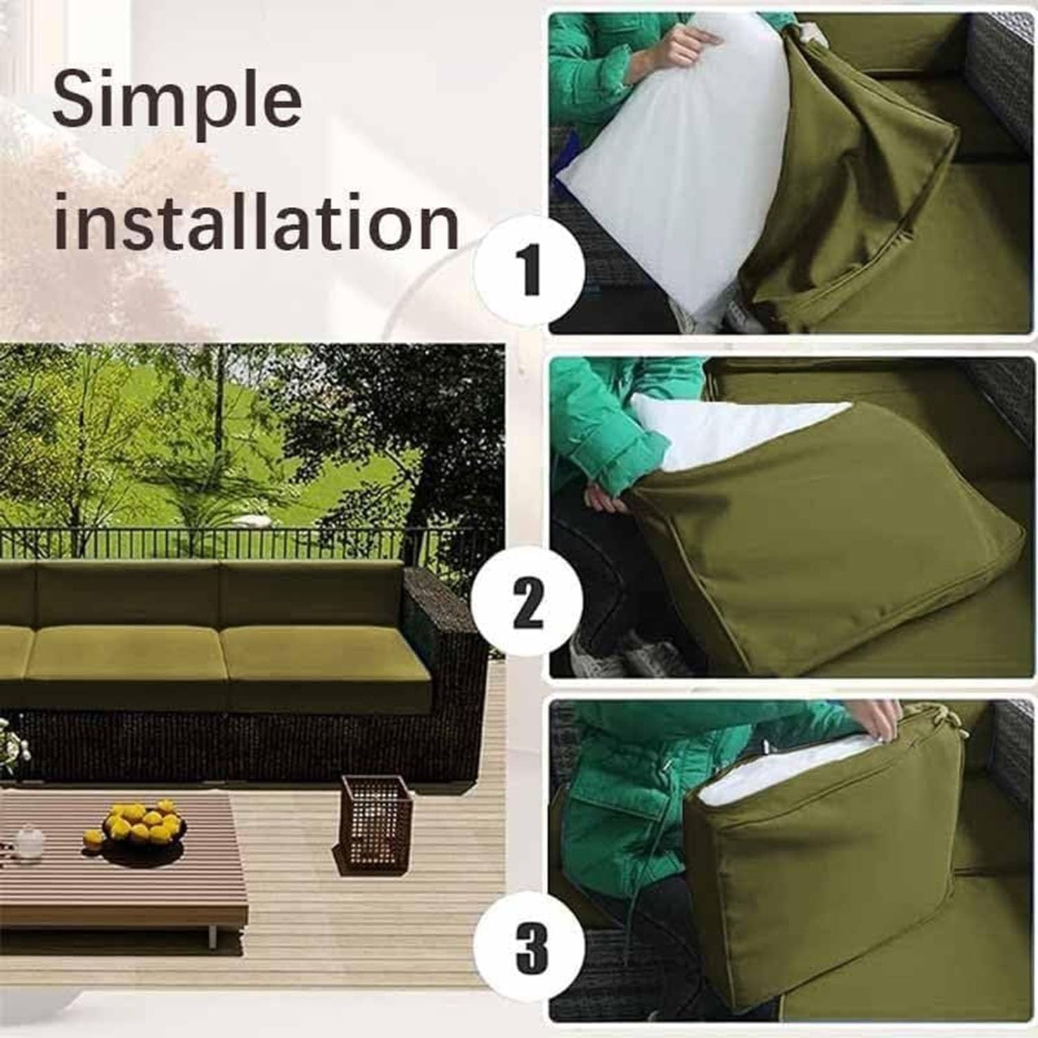 Housse De Coussin Extérieur Imperméable 50x50x5 Cm - Vert Foncé, Fermeture Éclair - Pour Salon De Jardin, Terrasse - 7