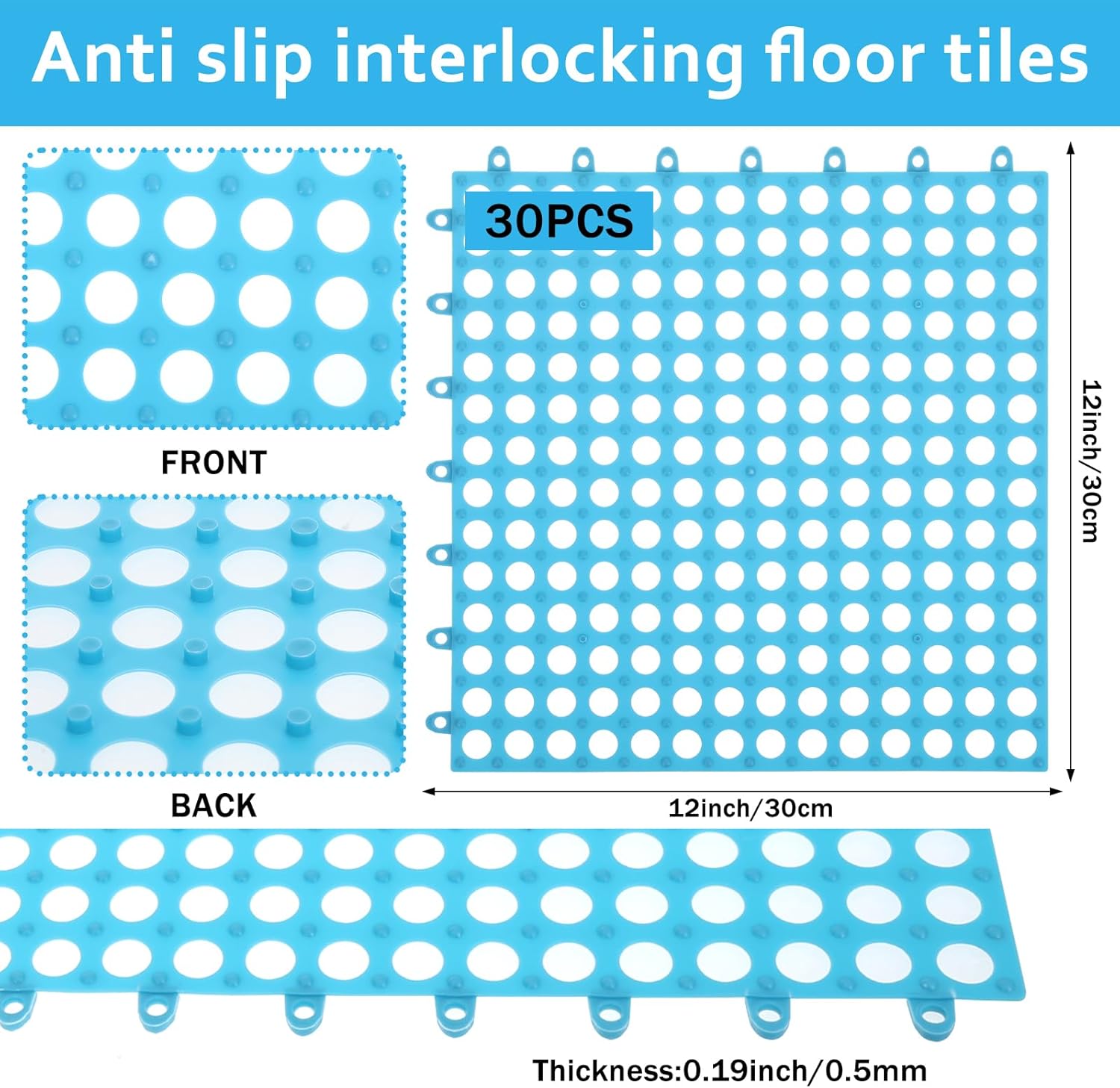 11.8'' Interlocking Floor Tiles Bulk 30 pcs, 3 x 10 ft Drainage Pool Flooring Mats Swimming Pool Non Slip Splicing Waterproof Splash Matting Mesh Doormat Roll Modular Interlocking Cushion Water Drain