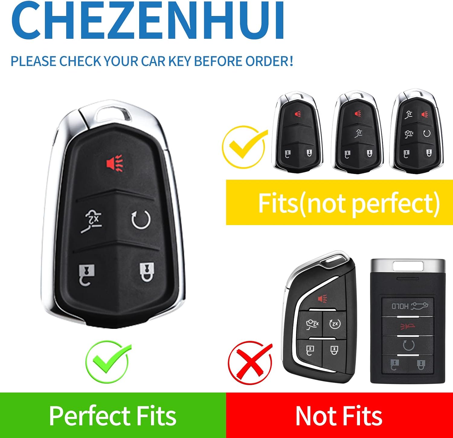 for Cadillac Key Fob Cover with Leather Lanyard, Car Key Case Shell Protection for Cadillac Escalade CTS SRX XT5 ATS CT6 5 Buttons Smart Remote Control Protector, Blue image 2