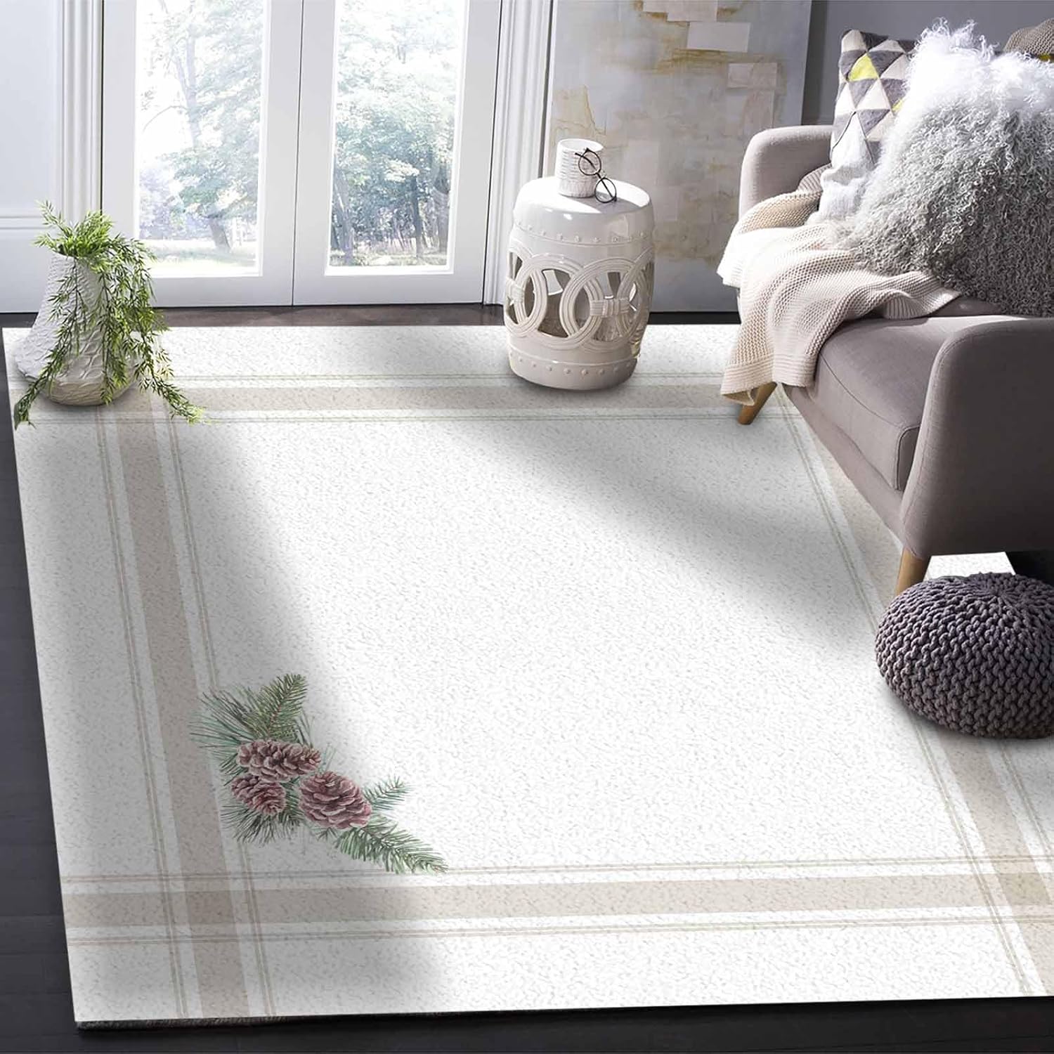 Large Rectangular Area Rugs 4' x 6' Living Room, Christmas Durable Non Slip Rug Carpet Floor Mat for Bedroom Bedside Outdoor Country Simple Line Pine Cones Branches