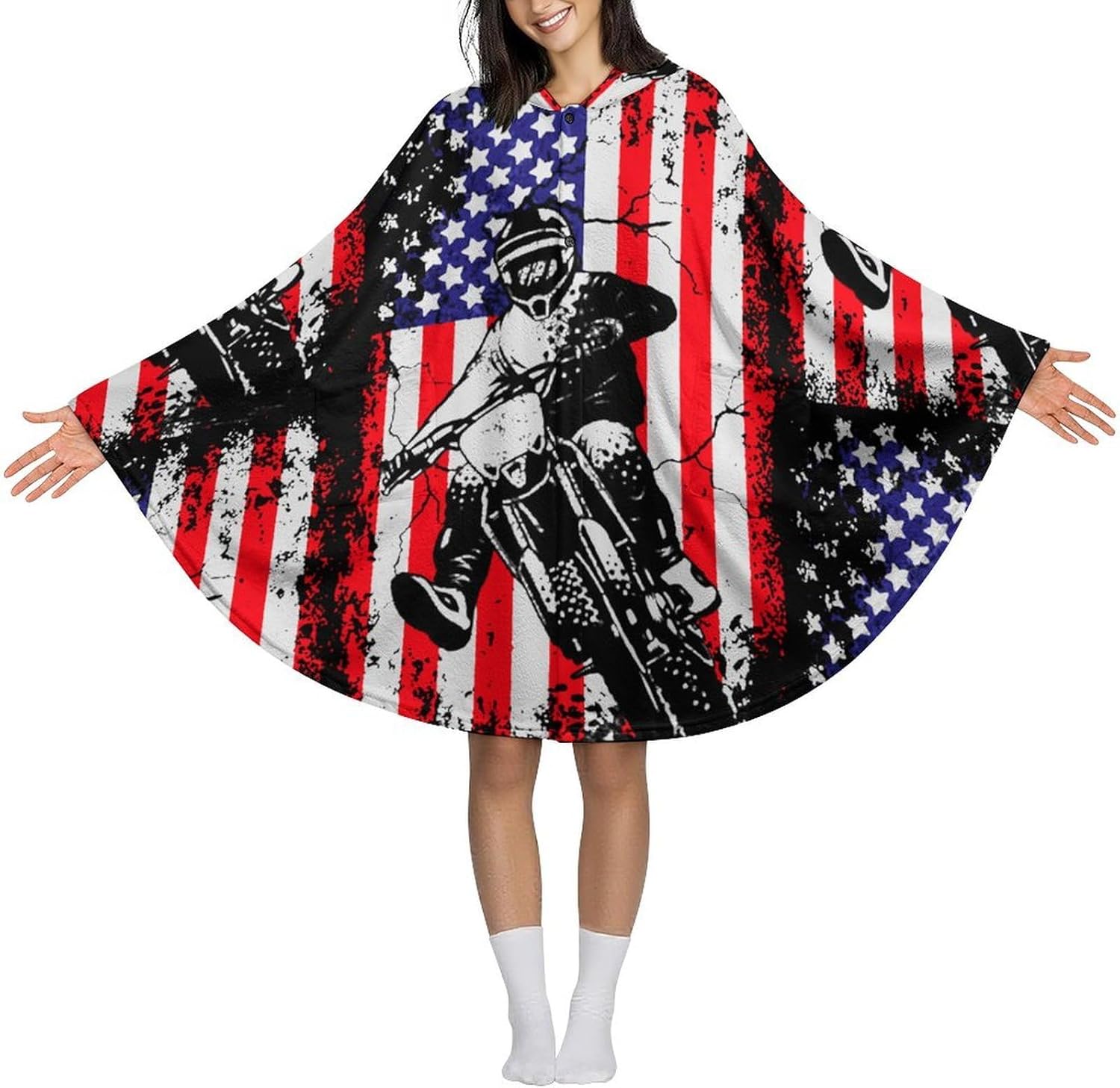 Dirt Bike U.S.A. Flag Motocross Biker Wearable Blanket with Hooded Flannel Blankets Cape with Pocket