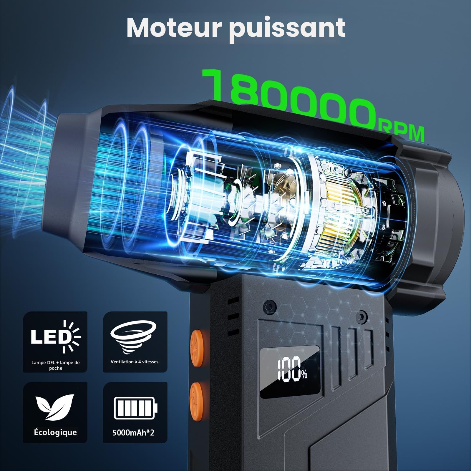 Souffleur Air Comprimé avec Lampe de Poche,180000 tr/min, Souffleur Électrique 4 -Vitesses avec Affichage avec Buses Multi-Usages pour Clavier, Extérieur,Car, Maison,Air Comprimé Nettoyage PC