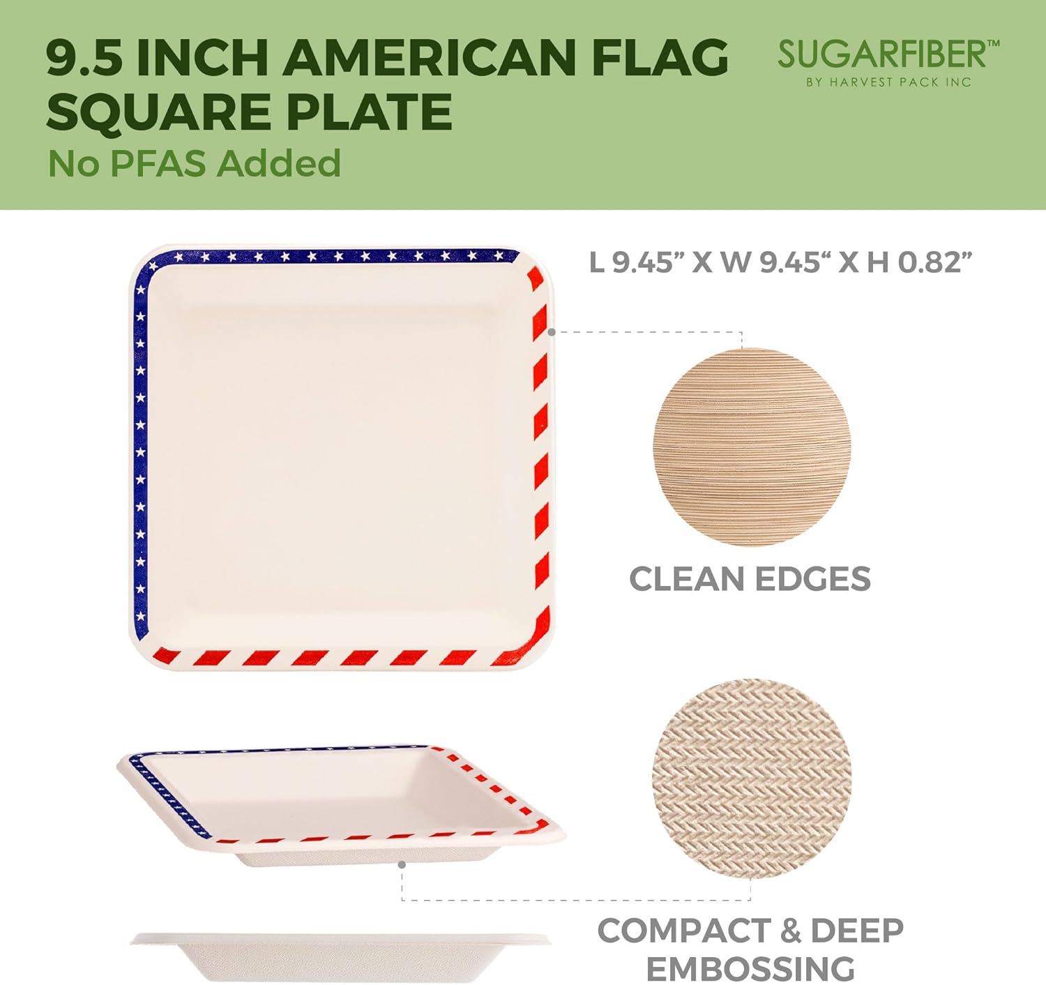 [100 COUNT]Harvest Pack PFAS FREE 9.5-inch American Flag Patriotic Party Disposable Compostable Square Paper Plates, July Fourth Natural Bagasse Square Plates, From Eco-Friendly Sugarcane Plant Fibers
