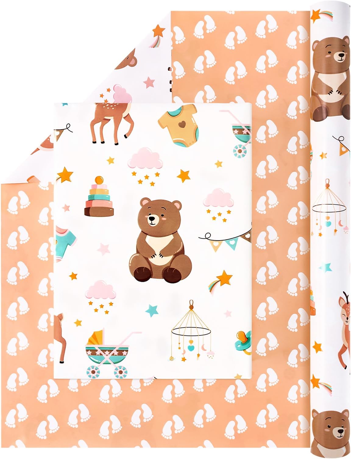 WERNNSAI Baby Reversible Wrapping Paper Roll - 1 Roll 17”x 33 ft Happy Birthday Wrapping Paper Roll Kids Baby Shower Birthday Gift Wrap Roll Girls Wrapping Paper Footprint Design Bday Party Favor