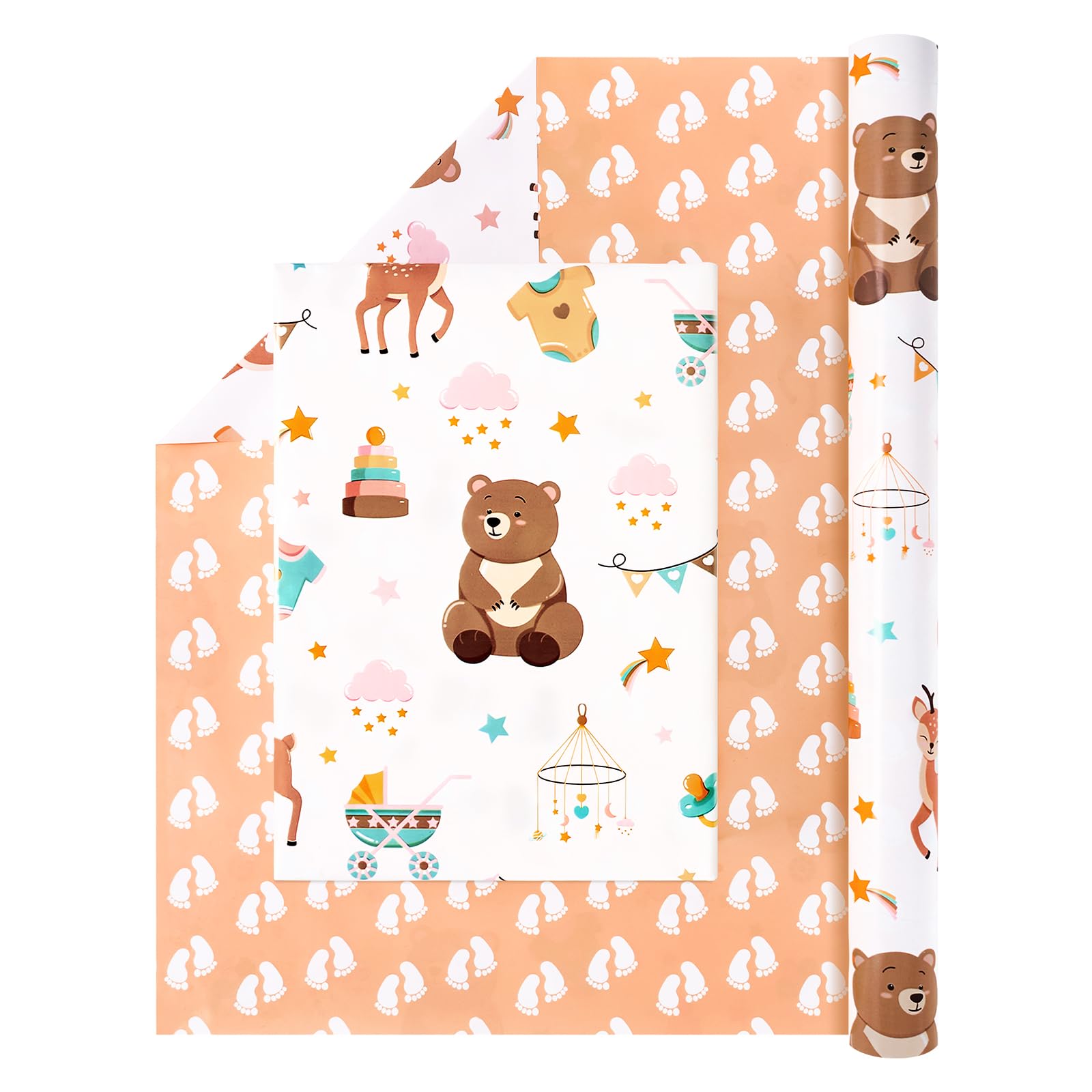 WERNNSAI Baby Reversible Wrapping Paper Roll - 1 Roll 17”x 33 ft Happy Birthday Wrapping Paper Roll Kids Baby Shower Birthday Gift Wrap Roll Girls Wrapping Paper Footprint Design Bday Party Favor