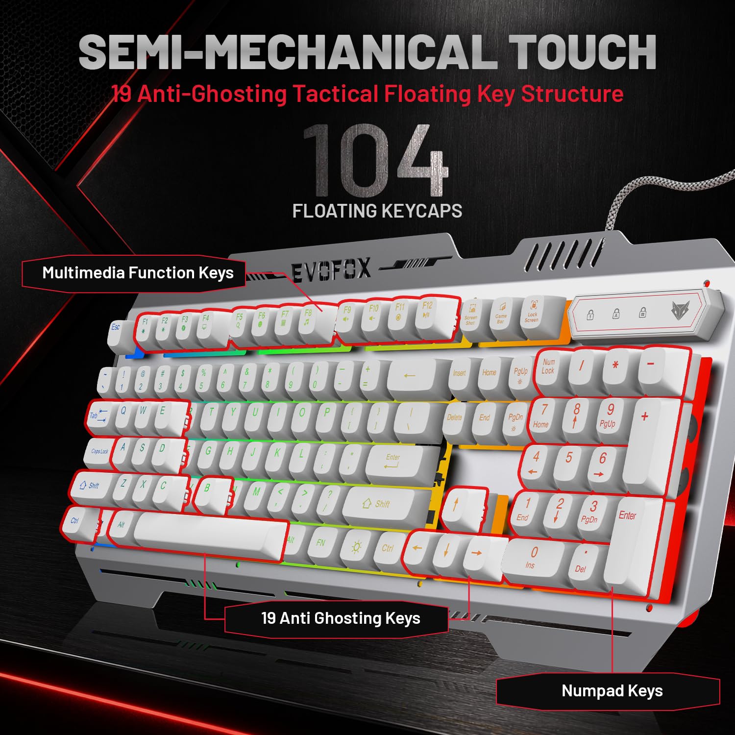 EvoFox Warhammer 2 Semi-Mechanical Gaming keyboard Mouse Combo Wired with Rainbow RGB Effect & Letter Backlit, Detachable Magnetic Wrist Pad, Metal Body,19 Anti-Ghosting Keys, 7200 DPI Mouse — Amazon image 5