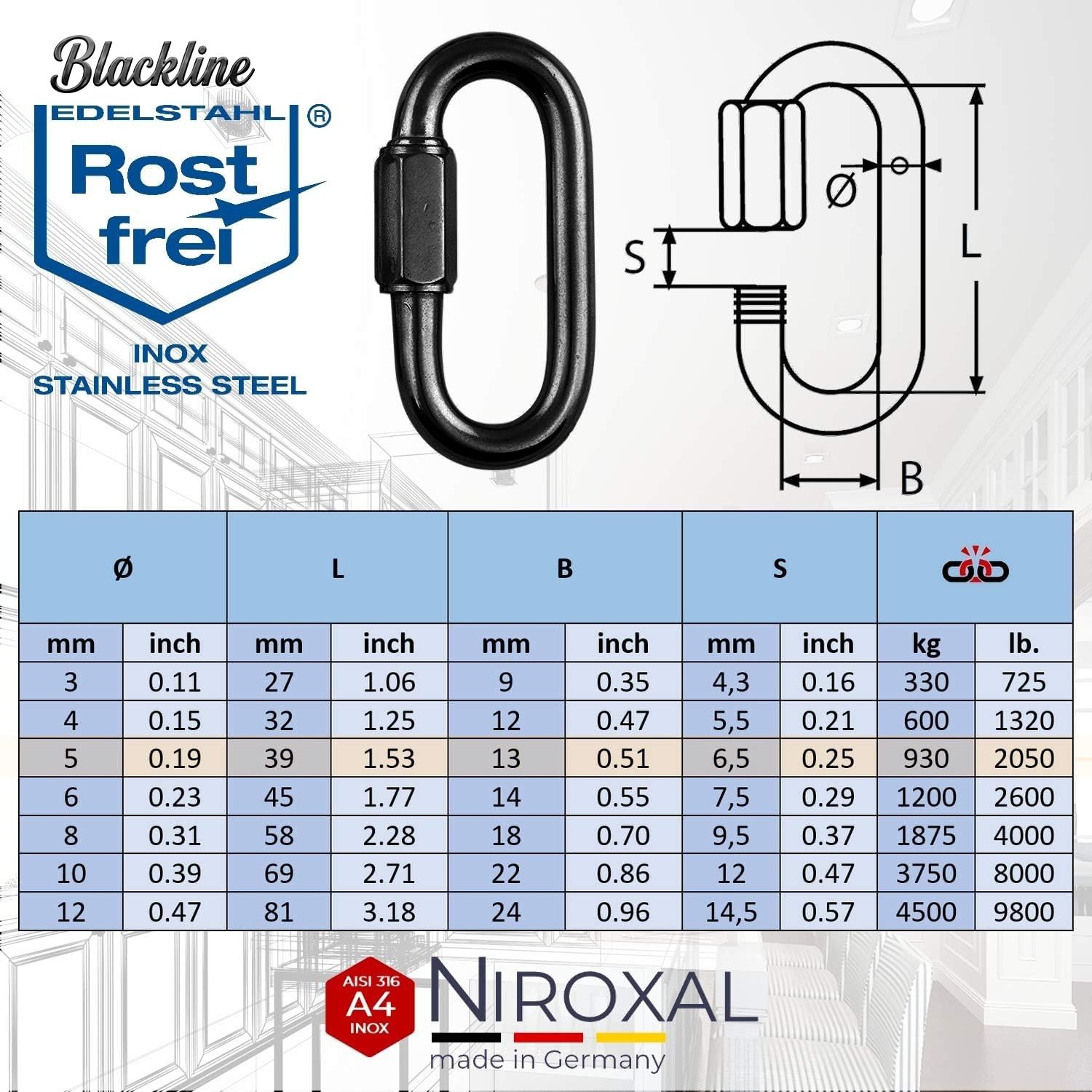 Łącznik śrubowy czarny V4A A4 Ø 10 mm – 10 sztuk – 3750 kg obciążenia na zerwanie – do dużych obciążeń – Blackline czarny, trwale zaczerniony – łącznik łańcucha, szekla, alternatywa