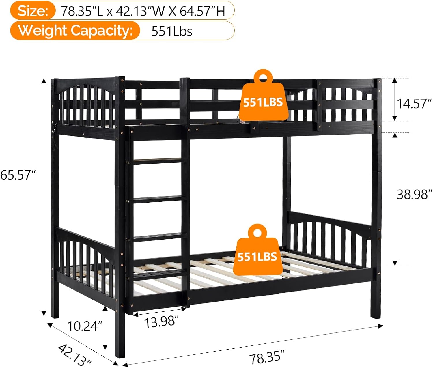 VINGLI Twin Over Twin Bunk Bed, overall view