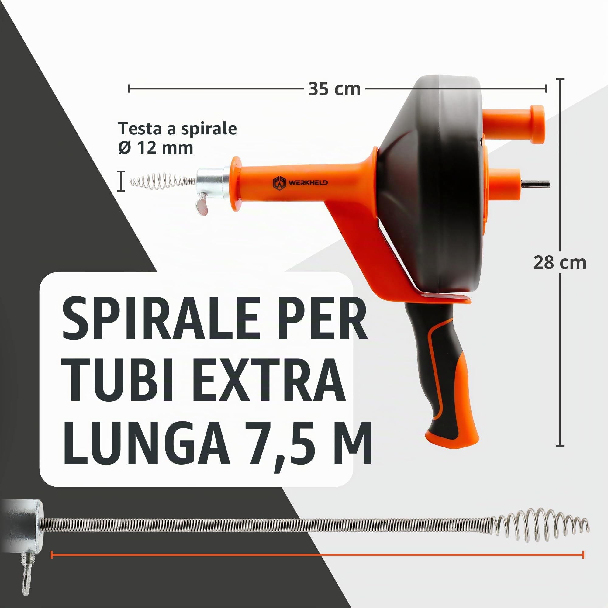 Spirale per la pulizia dei tubi, 7,5 m, con attacco trapano, ideale per la pulizia ecologica dei tubi, in acciaio inox, con guanti e spazzola per la pulizia