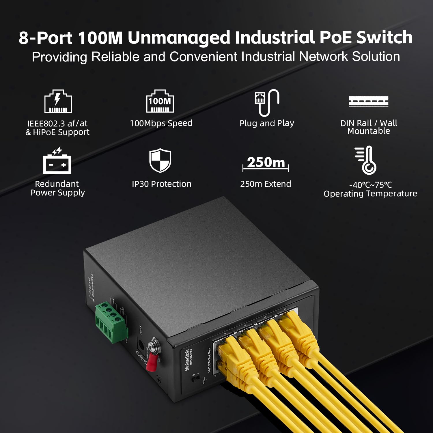MokerLink 8-portowy przełącznik przemysłowy PoE na szynie DIN, 8 PoE+ IEEE802.3af/at, Fast Ethernet 10/100 Mbit/s, zasięg 250 m, szyna DIN i uchwyt ścienny w zestawie
