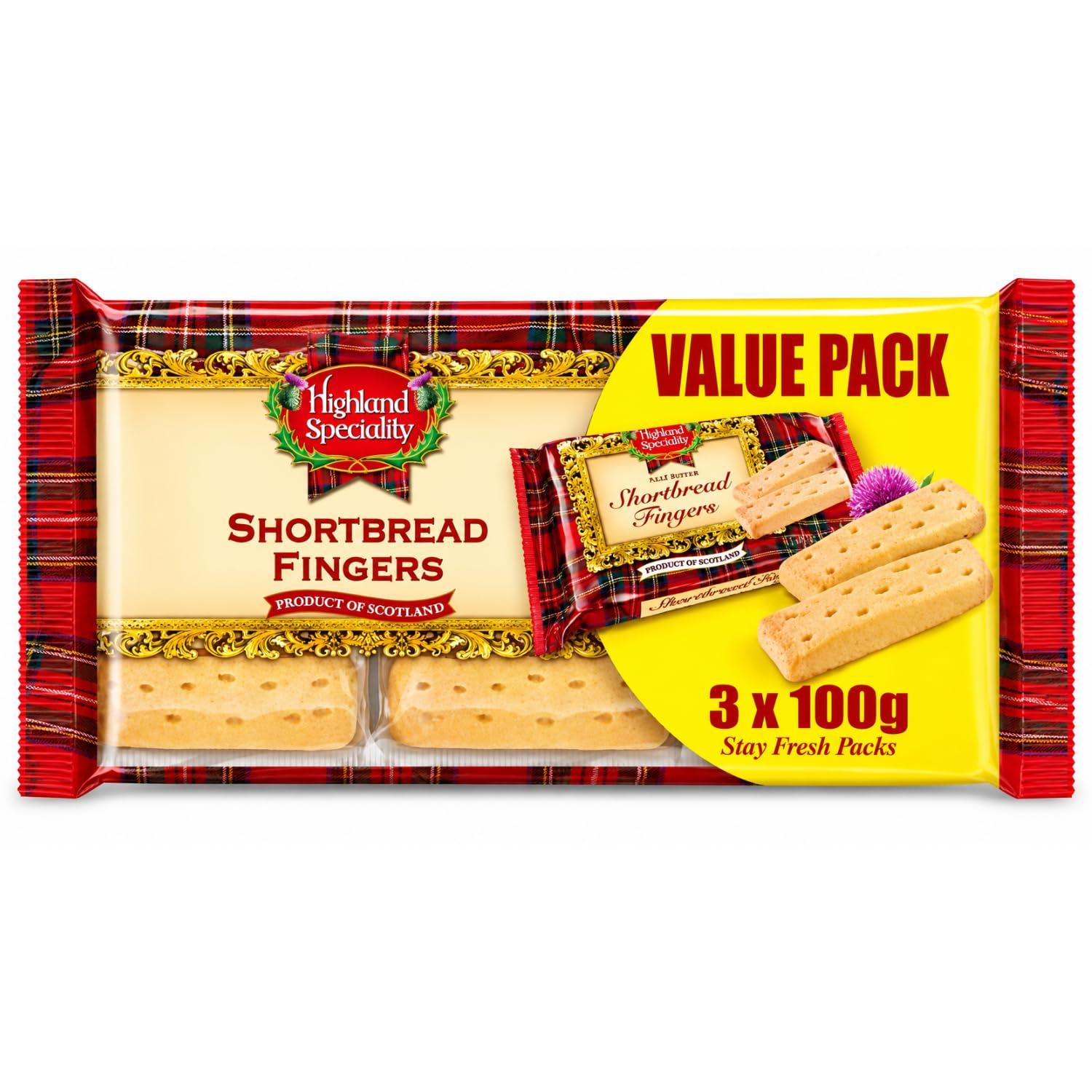 highland speciality - all butter shortbread fingers value pack 3 x 100g by cougar | traditional scottish biscuits with rich buttery taste | crispy baked tea time cookies | stay fresh snack packs for family sharing – (imported-scotland)