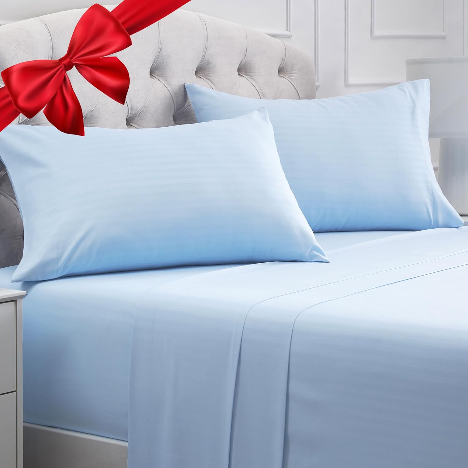 Mellanni King Size Sheet Set - 4 Piece Iconic Collection Bedding Sheets & Pillowcases - Soft, Cooling Bed Sheets - Deep Pocket up to 16 inch - Wrinkle, Fade, Stain Resistant (King, Striped Light Blue) King Striped – Light Blue