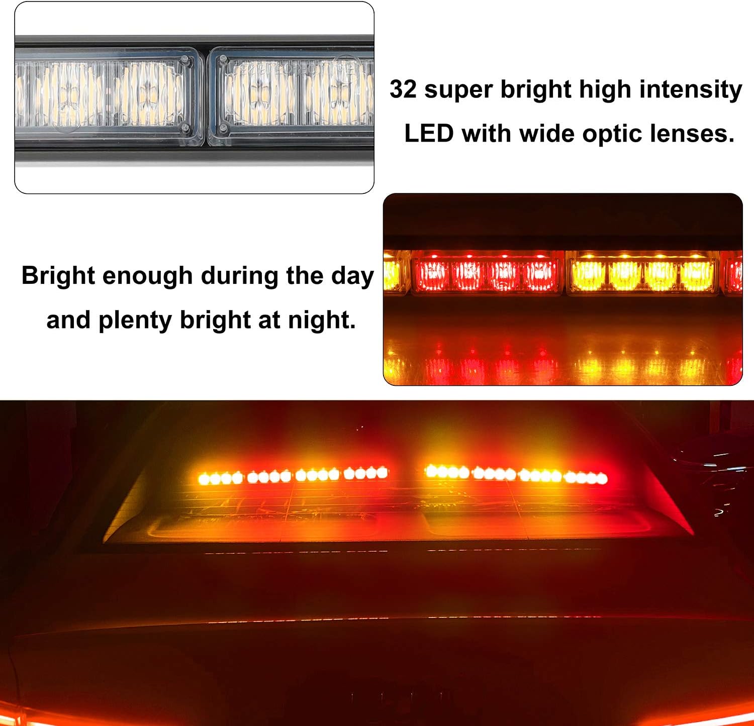 ASPL 2x16.8 inch Emergency Flashing LED Traffic Advisor Strobe Light Bar 32LED 26 Flash Patterns Interior Safety Warning Lights (Amber/Red)