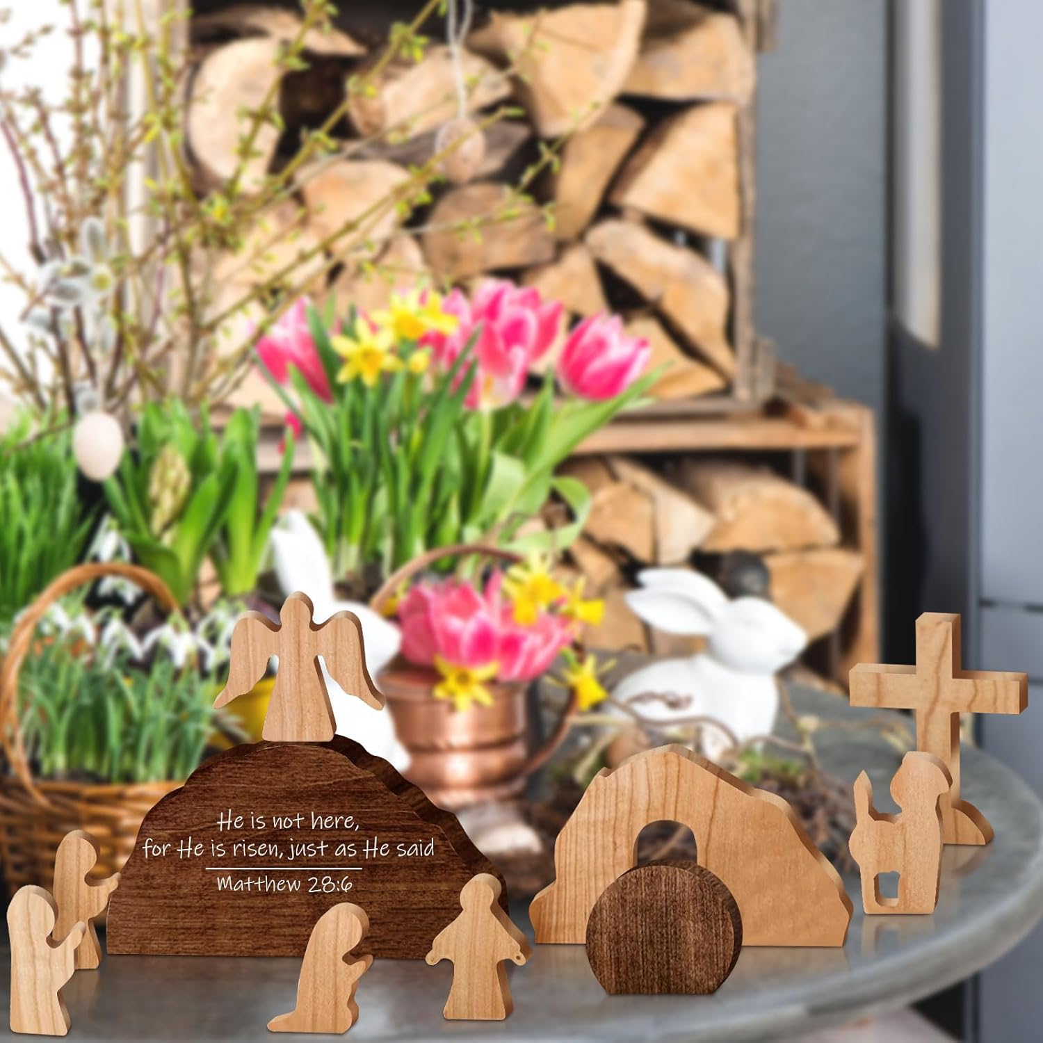 Wenqik 10 Pcs Religious Easter Decorations Easter Scene Wooden Resurrection Tomb Scene Set Wooden Tomb Decoration Nativity Set Spring Christian Figurine for Home Office - Image 4