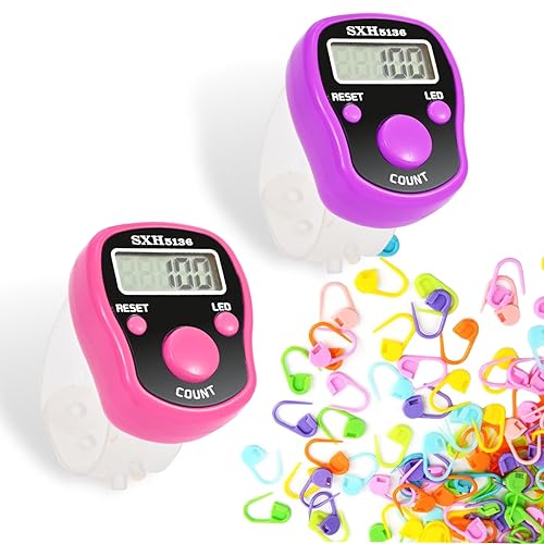 TESEAS Stitch Counters 2 Pcs LED Digital Row Counter and Stitch Markers 50 Pcs Crochet Stitch Markers for Knitting Sewing Stitching Weaving, Muslim Pray, Recording Sports Scoring, Lap Counting - Purple pink