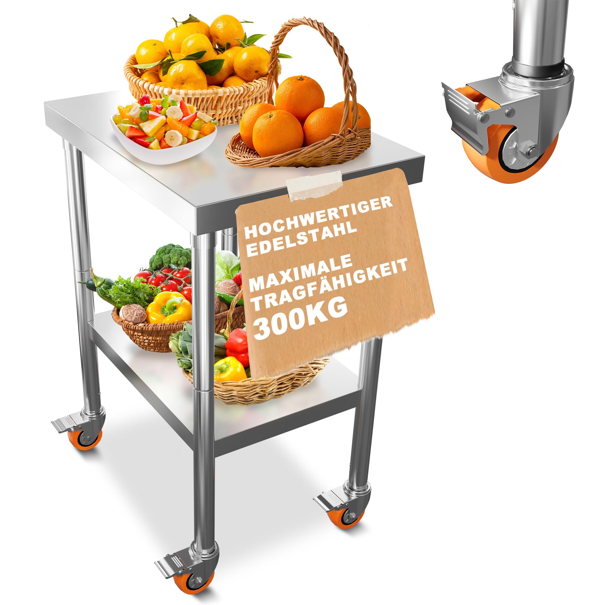 UISEBRT Tavolo da lavoro in acciaio inox, 4 ruote girevoli con freni, tavolo da cucina con piedini regolabili in altezza, portata 300 kg, per cucina, bar, ristorante, 85 x 61 x 60 cm