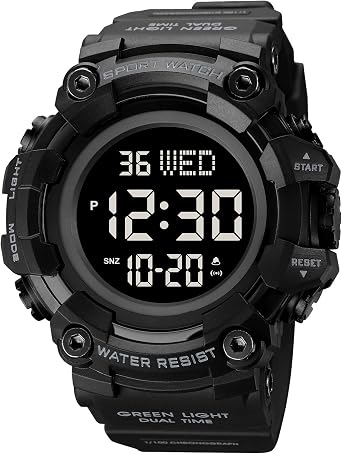 Large Dial Stopwatch Sports Men Watch LED Light Digital Watch 5 Bar Waterproof Countdown Clock, full black, Digital