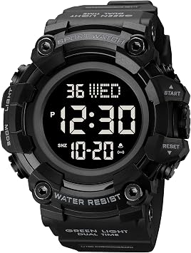 XCZAP Men's Black Digital Sports Watch, Large Face Military Tactical Watch, 5ATM Water Resistant, LED Backlight, Alarm, Stopwatch,Dual Time, Full Black, Digital
