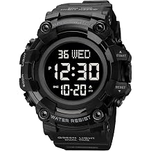 XCZAP Large Dial Stopwatch Mens Watches LED Light Digital Wristwatches 5Bar Waterproof Countdown Clock, Full Black, Digital