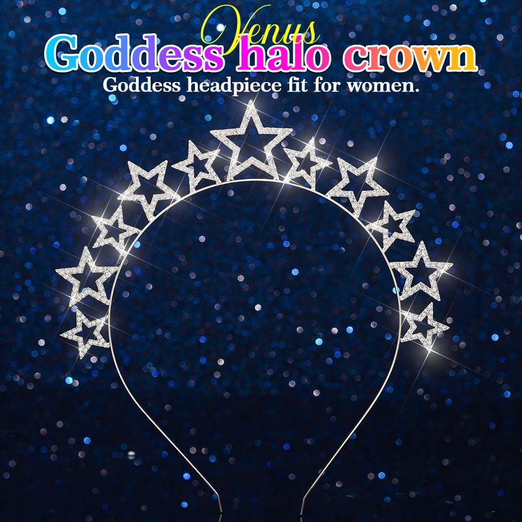 Reaky Stars Halo Crown Gold Headpiece Rhinestone Star Halo Crown Goddess Headbands Carnival Hair Accessories for Women (Silver - Image 2