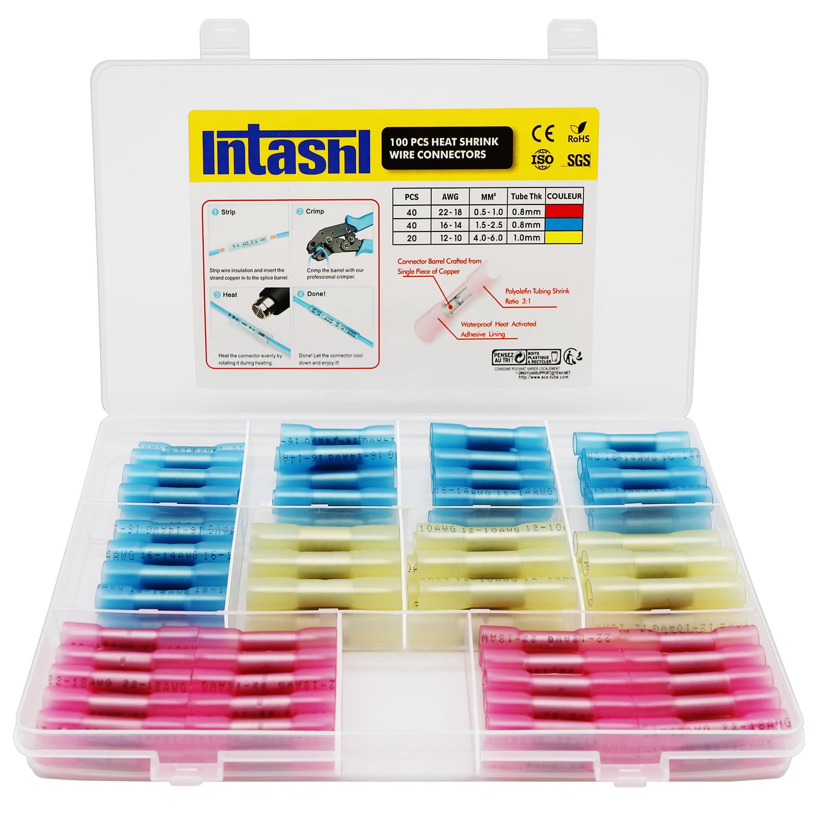 Intashi 100PCS Heat Shrink Butt Connectors Kit - Waterproof Insulated Electrical Terminals, Crimp Splice Wire Connectors for Automotive Marine Wiring