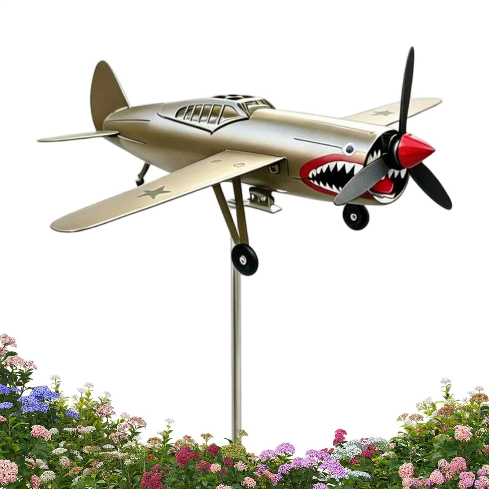 Giratorios de Viento para Exterior | Veleta de Jardín con Avión de de Tiburón,Molino de Viento para Césped de Avión de Combate,para el 4 de Julio Jardín Patio Piloto Entusiasta Aviación